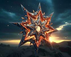 een futuristische ster vormig voorwerp Aan top van een berg generatief ai foto