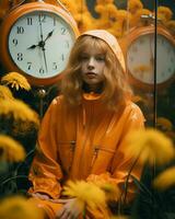 een meisje in een oranje regenjas zittend in voorkant van een klok generatief ai foto