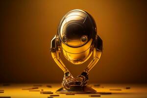 een gouden robot staand Aan top van een stapel van munten generatief ai foto