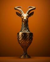 een gouden vaas met een antilope hoofd Aan het generatief ai foto