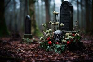 een begraafplaats met een schedel en bloemen in de midden- generatief ai foto