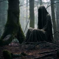 een grimmig figuur in de bossen met een kap Aan generatief ai foto