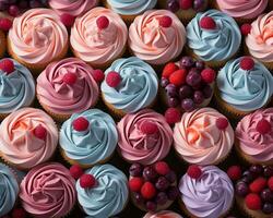 een groot groep van cupcakes met glimmertjes en bessen generatief ai foto