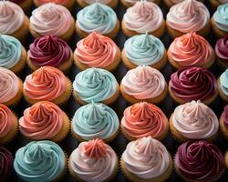 een groot groep van cupcakes met glimmertjes generatief ai foto