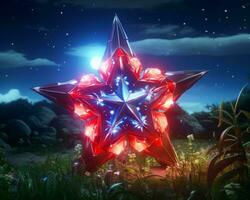 een groot rood en blauw ster in de midden- van een veld- generatief ai foto