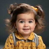 een weinig meisje in een geel jurk glimlacht voor de camera generatief ai foto