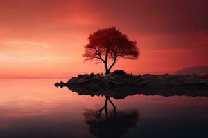 een eenzaam boom zit Aan een rots in de midden- van een lichaam van water generatief ai foto