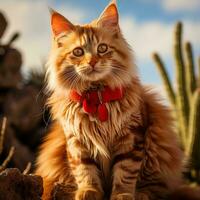 een lang haren kat met een rood halsband zittend Aan een rots generatief ai foto