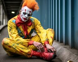 een Mens gekleed net zo een clown zittend Aan de grond generatief ai foto