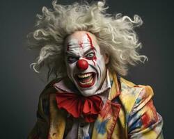 een Mens gekleed net zo een clown met wit haar- generatief ai foto