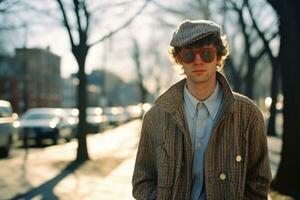 een Mens in een hoed en zonnebril staand Aan een straat generatief ai foto
