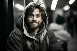 een Mens in een capuchon zittend Aan een metro trein generatief ai foto
