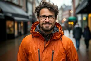 een Mens in een oranje jasje en bril staand Aan een stad straat generatief ai foto