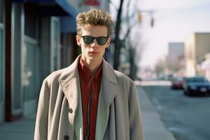een Mens vervelend zonnebril en een jas staand Aan de straat generatief ai foto