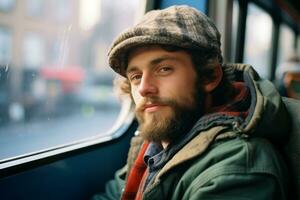 een Mens met een baard en hoed zittend Aan een trein generatief ai foto