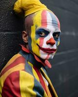 een Mens met een clown gezicht geschilderd Aan zijn gezicht generatief ai foto