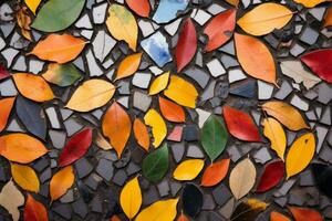 een mozaïek- van kleurrijk bladeren Aan een muur generatief ai foto