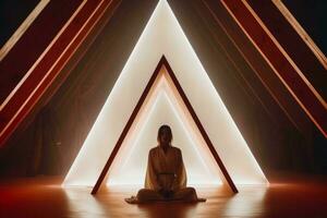 een persoon zittend in de midden- van een kamer in voorkant van een verlichte driehoek generatief ai foto