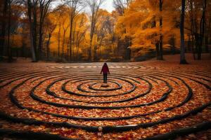 een persoon staand in de midden- van een doolhof omringd door herfst bladeren generatief ai foto