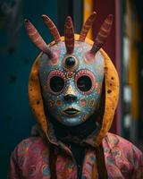 een persoon met een kleurrijk masker Aan hun gezicht generatief ai foto