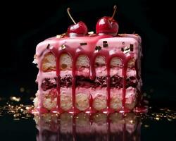 een stuk van taart met roze glimmertjes en kersen generatief ai foto
