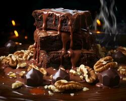 een stapel van chocola brownies met noten Aan top generatief ai foto