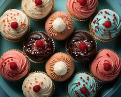 een bord van cupcakes met glimmertjes en hagelslag generatief ai foto