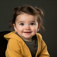 een glimlachen baby meisje in een geel trui zittend Aan een zwart stoel generatief ai foto