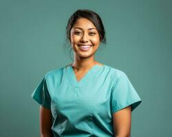 een glimlachen vrouw verpleegster in blauw scrubs staand tegen een groen achtergrond generatief ai foto