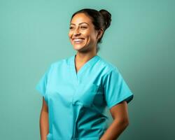 een glimlachen vrouw verpleegster in blauw scrubs generatief ai foto