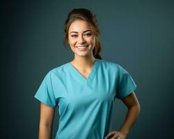 een glimlachen vrouw verpleegster in blauw scrubs generatief ai foto