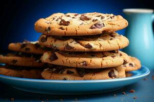 een stack van chocola spaander koekjes Aan een blauw bord generatief ai foto