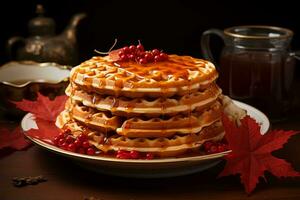 een stack van wafels Aan een bord met esdoorn- siroop en bessen generatief ai foto