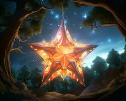 een ster vormig lantaarn in de bossen Bij nacht generatief ai foto