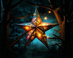 een ster vormig papier lantaarn in de bossen Bij nacht generatief ai foto