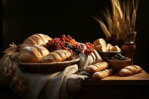 een tafel met brood fruit en tarwe Aan het generatief ai foto