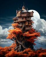 een boom huis in de midden- van een Woud met oranje bomen en een vol maan generatief ai foto