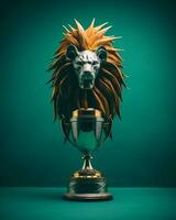 een trofee met een leeuw hoofd Aan top van het generatief ai foto