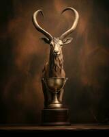 een trofee met antilope hoorns Aan top van een houten tafel generatief ai foto