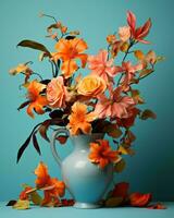 een vaas gevulde met bloemen Aan een blauw achtergrond generatief ai foto