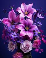 een vaas gevulde met Purper en roze bloemen Aan een blauw achtergrond generatief ai foto