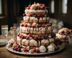 een bruiloft taart is versierd met kersen en geslagen room generatief ai foto