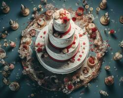 een bruiloft taart met rood en wit decoraties Aan top generatief ai foto