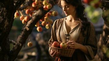 een vrouw Holding een mand van appels in voorkant van een appel boom generatief ai foto