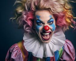 een vrouw gekleed net zo een clown met haar mond breed Open generatief ai foto