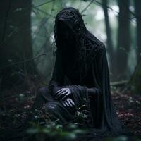 een vrouw in een zwart mantel zittend in de bossen generatief ai foto