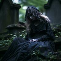 een vrouw in een zwart jurk zittend Aan een grafsteen generatief ai foto