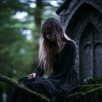 een vrouw in een zwart jurk zittend Aan een boom stomp in de bossen generatief ai foto