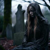 een vrouw in een zwart jurk zittend Aan de grond in een begraafplaats generatief ai foto