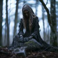 een vrouw in een zwart jurk zittend Aan de grond in de bossen generatief ai foto